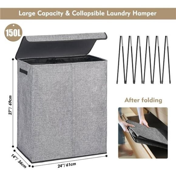Large Double Laundry Hamper with Lid Removable Bags for Bedroom Bathroom - Picture 3 of 8